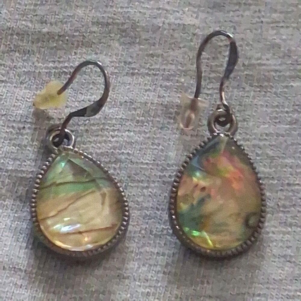 iridescent abalone shell teardrop dangle earrings silver tone french hook drop